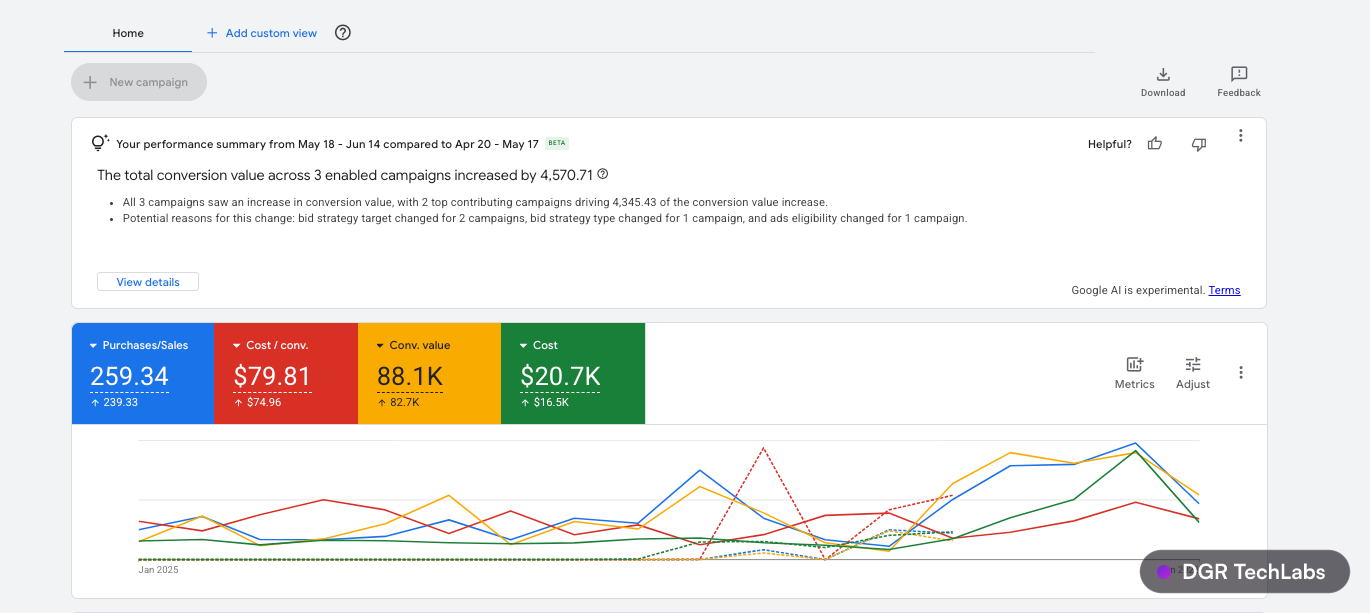 Google Ads overview for DuraCard showing purchases, cost per conversion, conversion value and cost