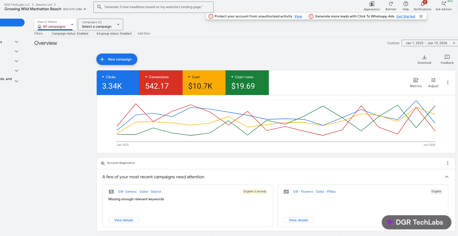 Google Ads overview for Growing Wild showing clicks, conversions, cost and cost per conversion