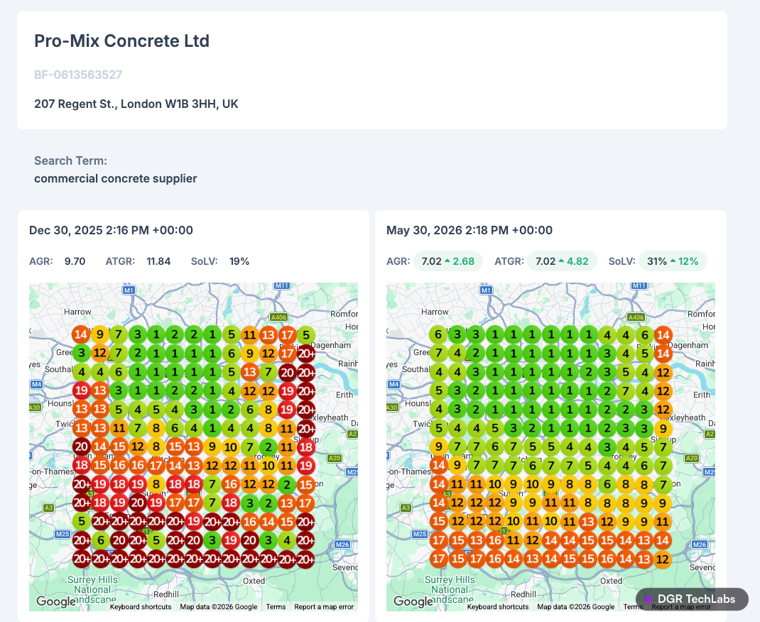 Local rank grid for 'commercial concrete supplier' showing coverage expanding over time