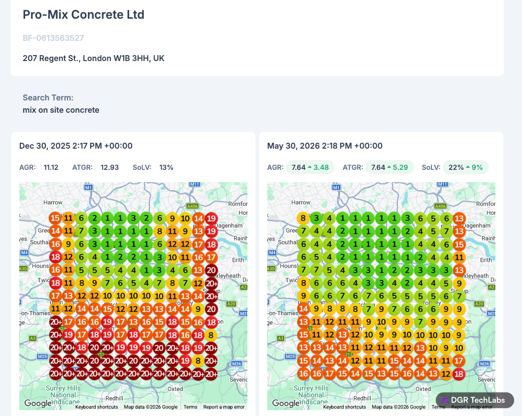 Local rank grid for 'mix on site concrete' showing top rankings across central London