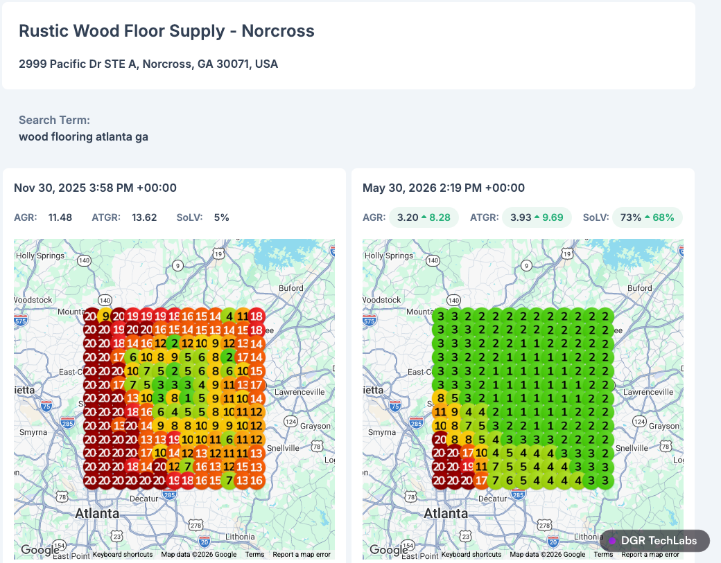 Local rank grid for 'wood flooring atlanta ga' improving from red to green between November and May